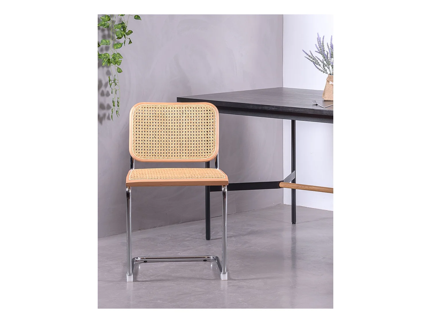 Retro-Stuhl aus natürlichem Rattan und verchromtem Stahl - Cesca - Buche natur