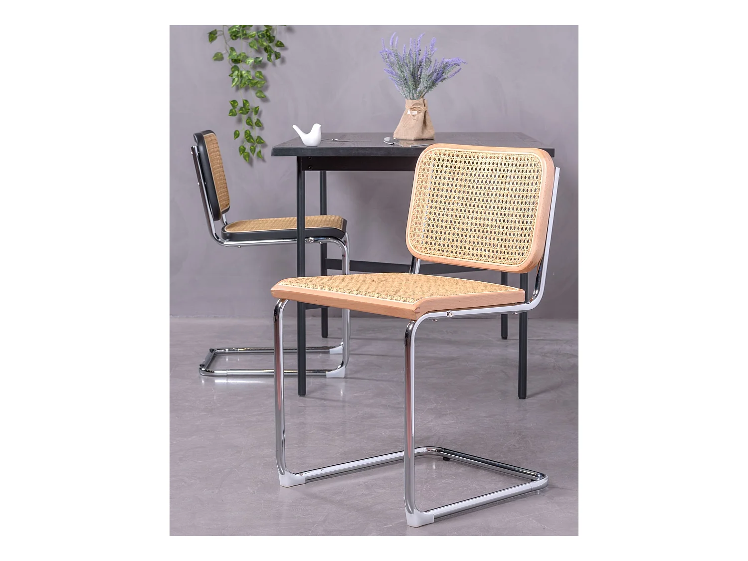 Retro-Stuhl aus natürlichem Rattan und verchromtem Stahl - Cesca - Buche natur