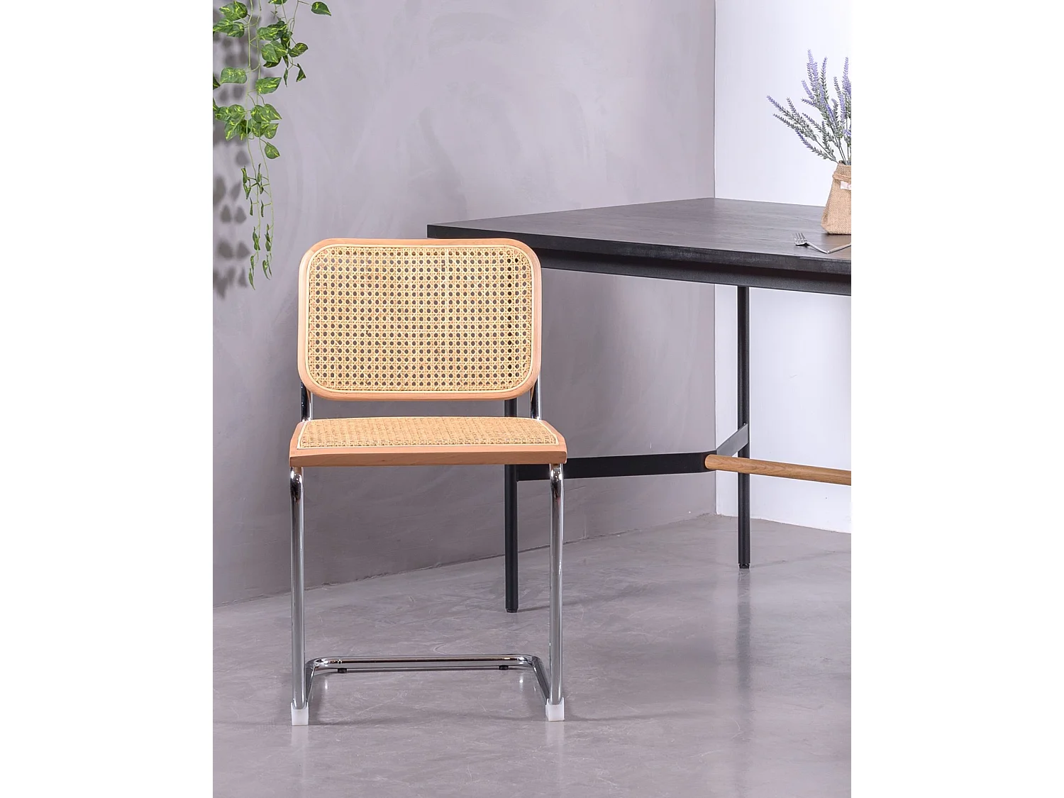 Chaise rétro en rotin naturel et acier chromé - Cesca - Hêtre naturel