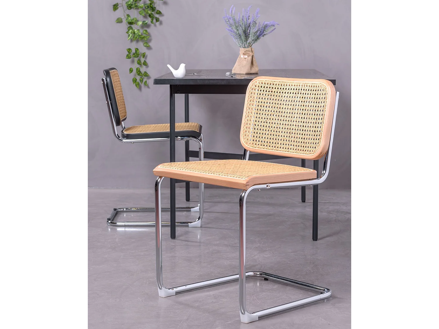 Chaise rétro en rotin naturel et acier chromé - Cesca - Hêtre naturel