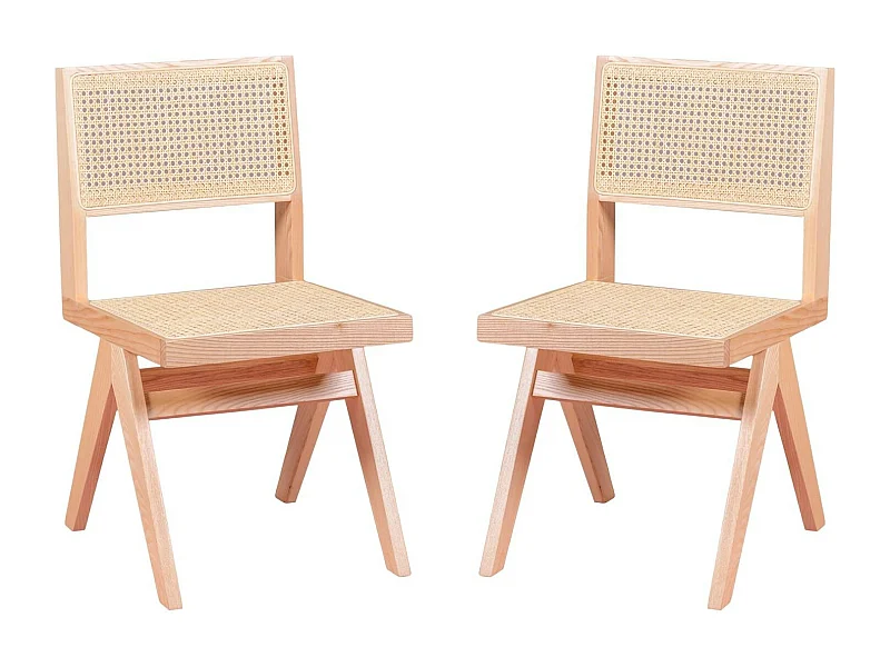 Lote de 2 cadeiras clássicas em madeira e rattan natural - Compass - Cinza Natural