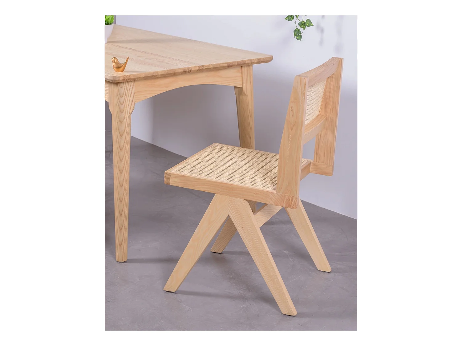 Lote de 2 cadeiras clássicas em madeira e rattan natural - Compass - Cinza Natural