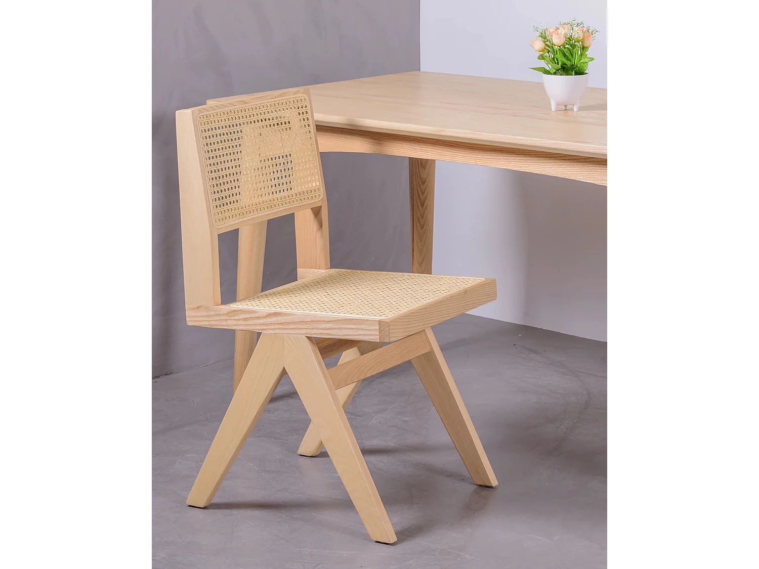 Lote de 2 cadeiras clássicas em madeira e rattan natural - Compass - Cinza Natural