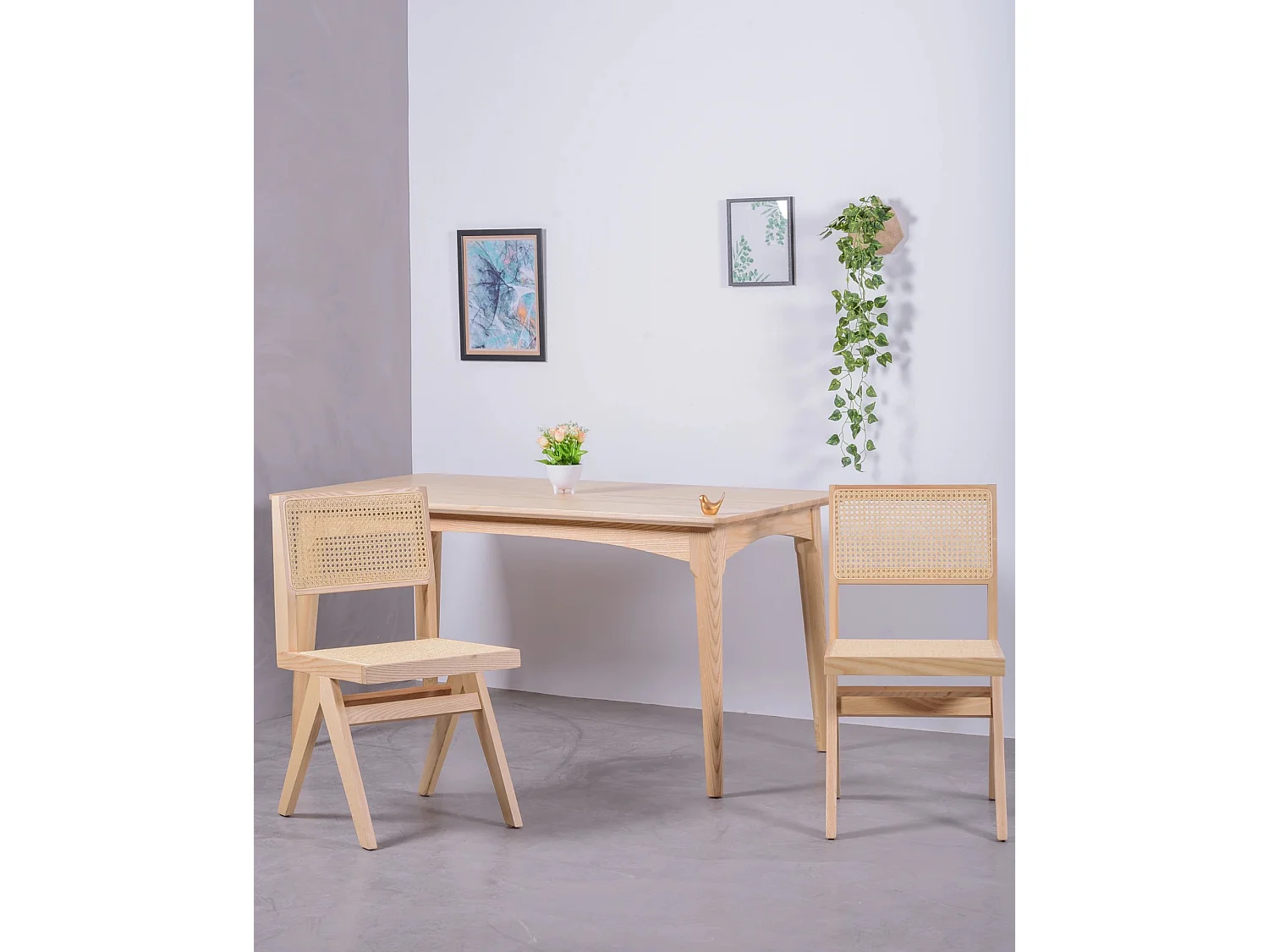 Lote de 2 cadeiras clássicas em madeira e rattan natural - Compass - Cinza Natural