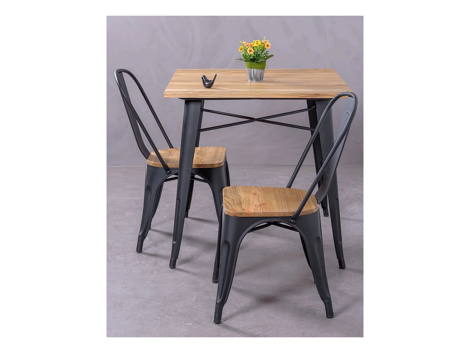 Set van 4 metalen stoelen met houten zitting - Bistro - Zwart