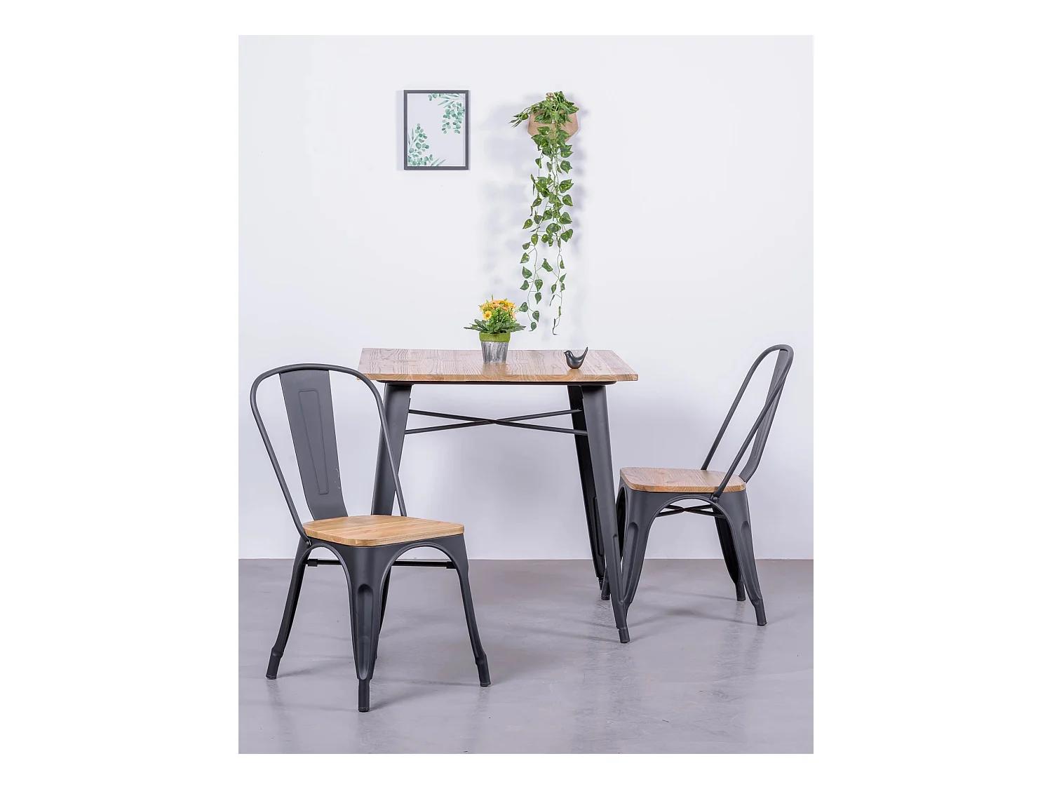 Set van 4 metalen stoelen met houten zitting - Bistro - Zwart
