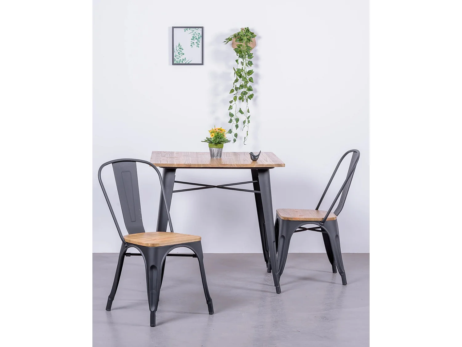 Pack de 4 chaises en métal avec assises en bois - Bistro - Noir