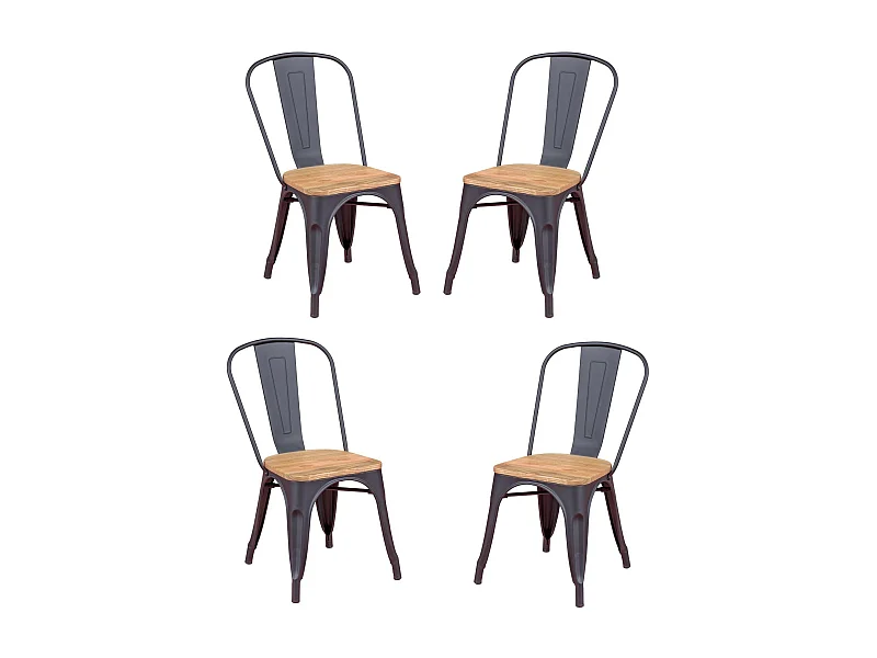 Set van 4 metalen stoelen met houten zitting - Bistro - Zwart