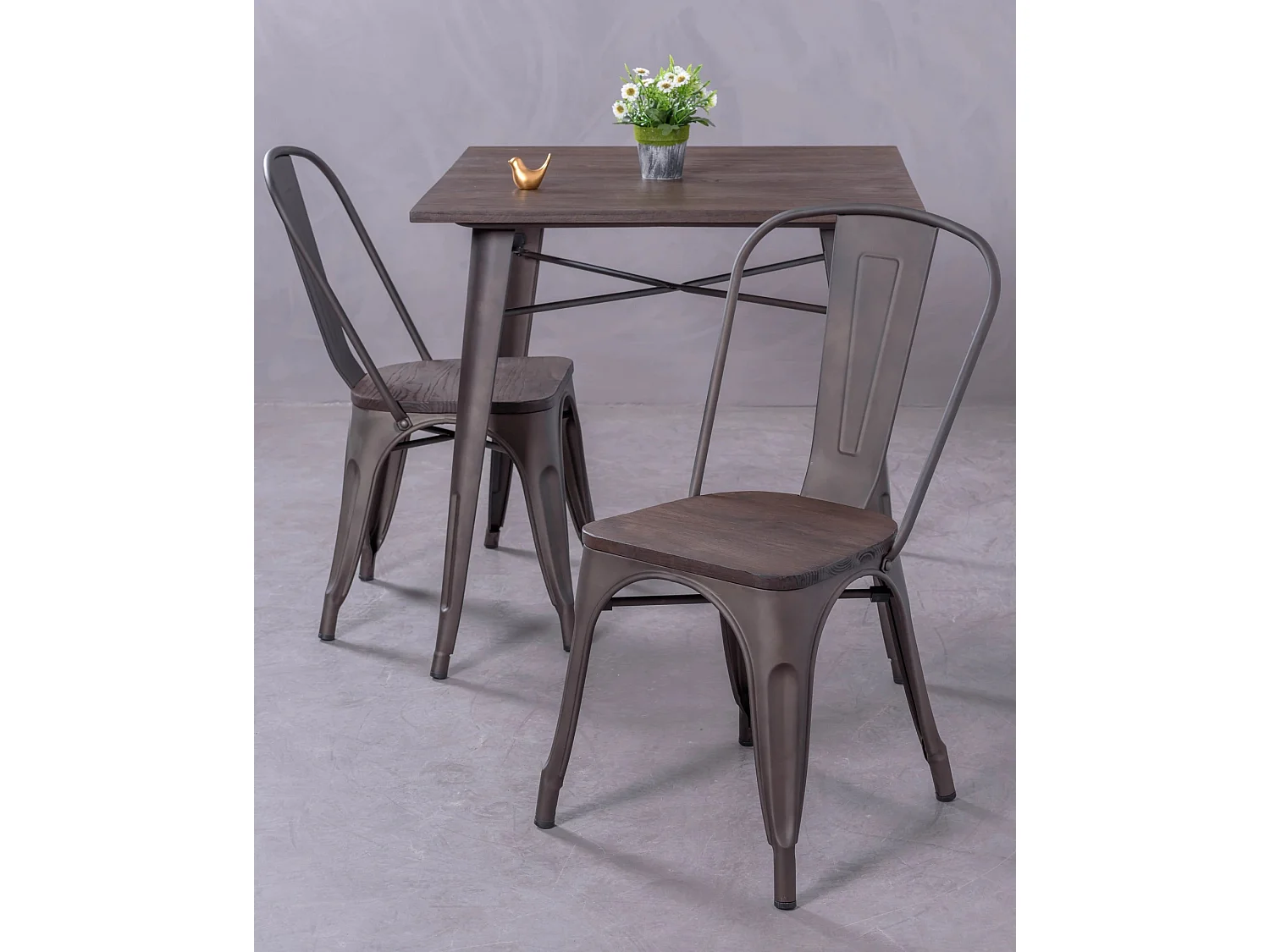 Pack de 4 chaises en métal avec assises en bois - Bistro - Antique