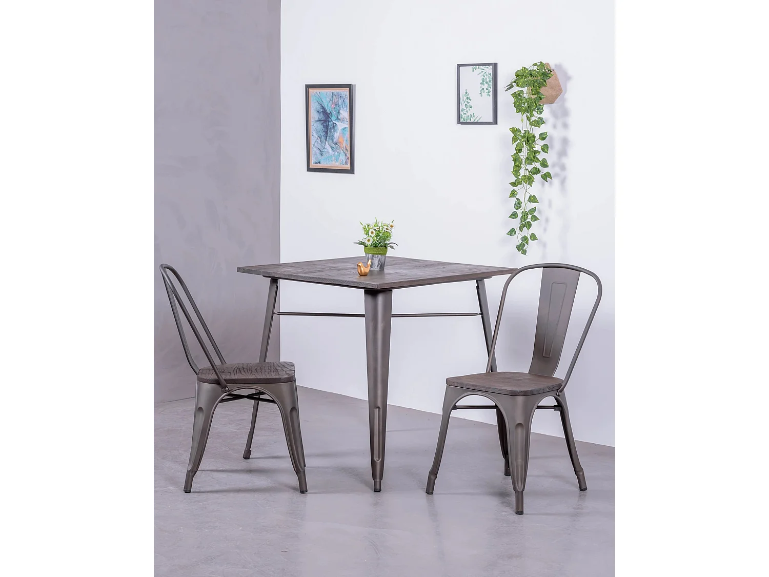 Pack de 4 chaises en métal avec assises en bois - Bistro - Antique