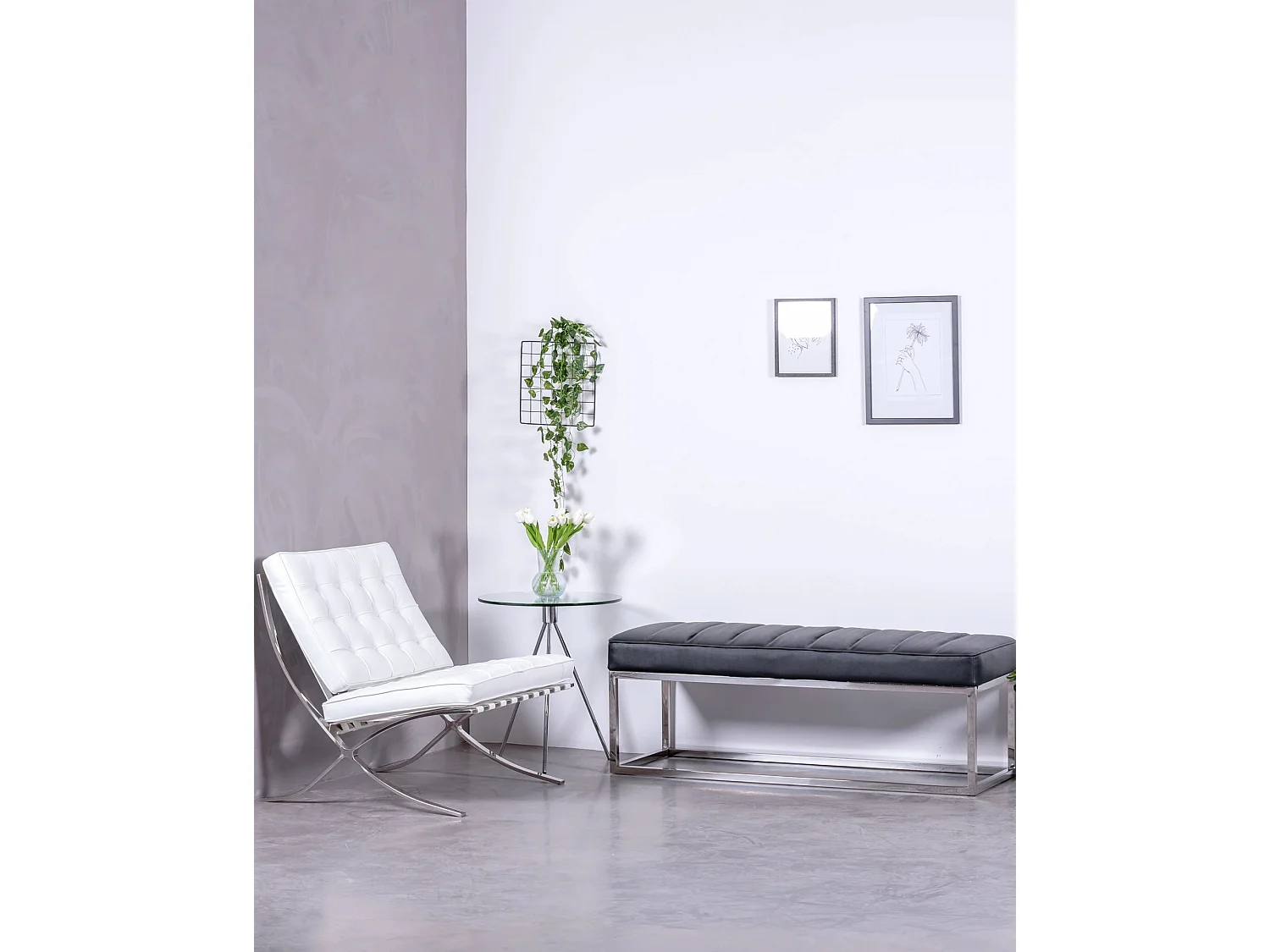 Banc design recouvert de similicuir avec acier chromé - Praga - Noir