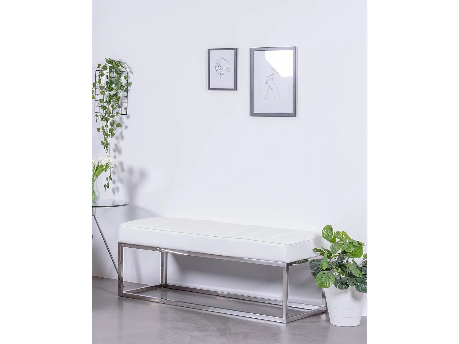 Design-Bank mit Kunstlederbezug und Chromstahlbezug - Praga - Weiß