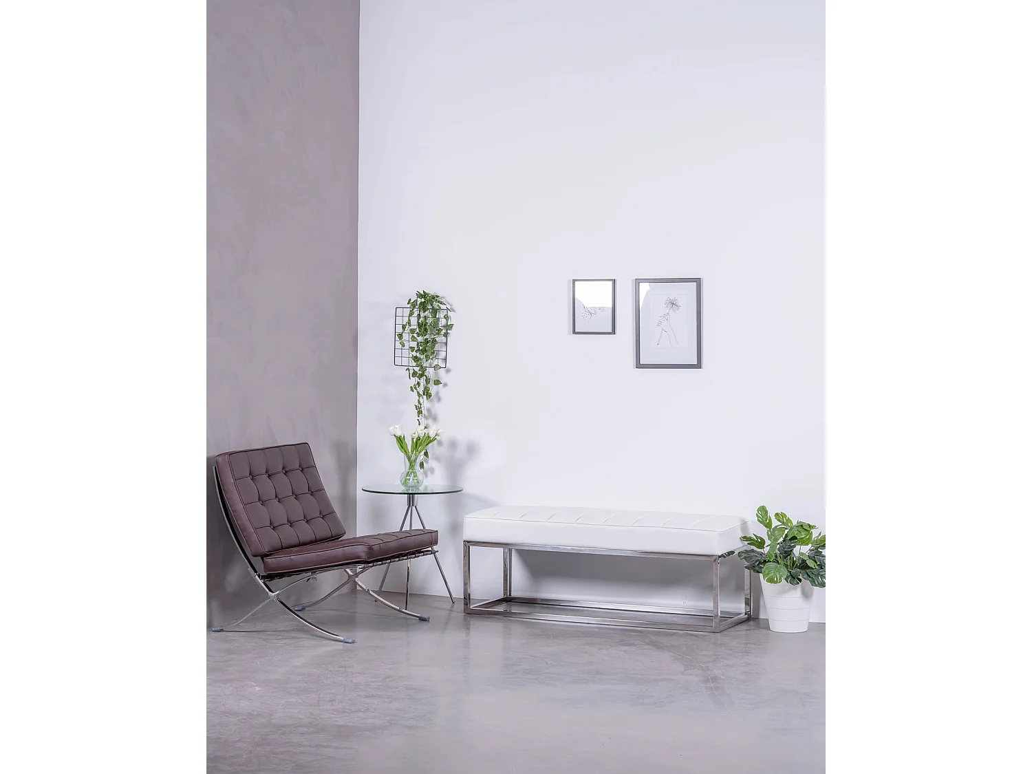 Design-Bank mit Kunstlederbezug und Chromstahlbezug - Praga - Weiß