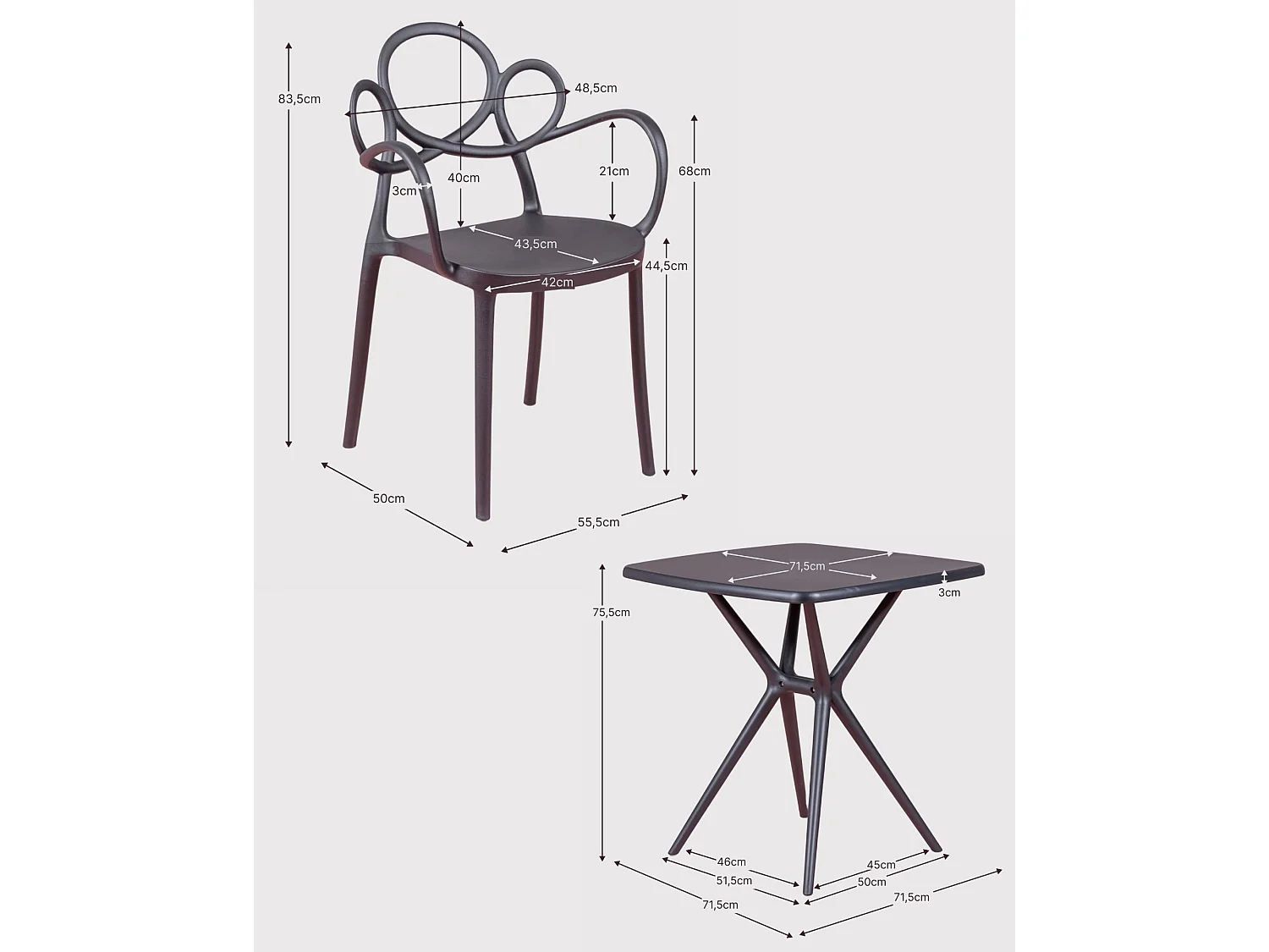 Lot de 4 chaises design avec accoudoirs et table pour le jardin - Dream - Noir