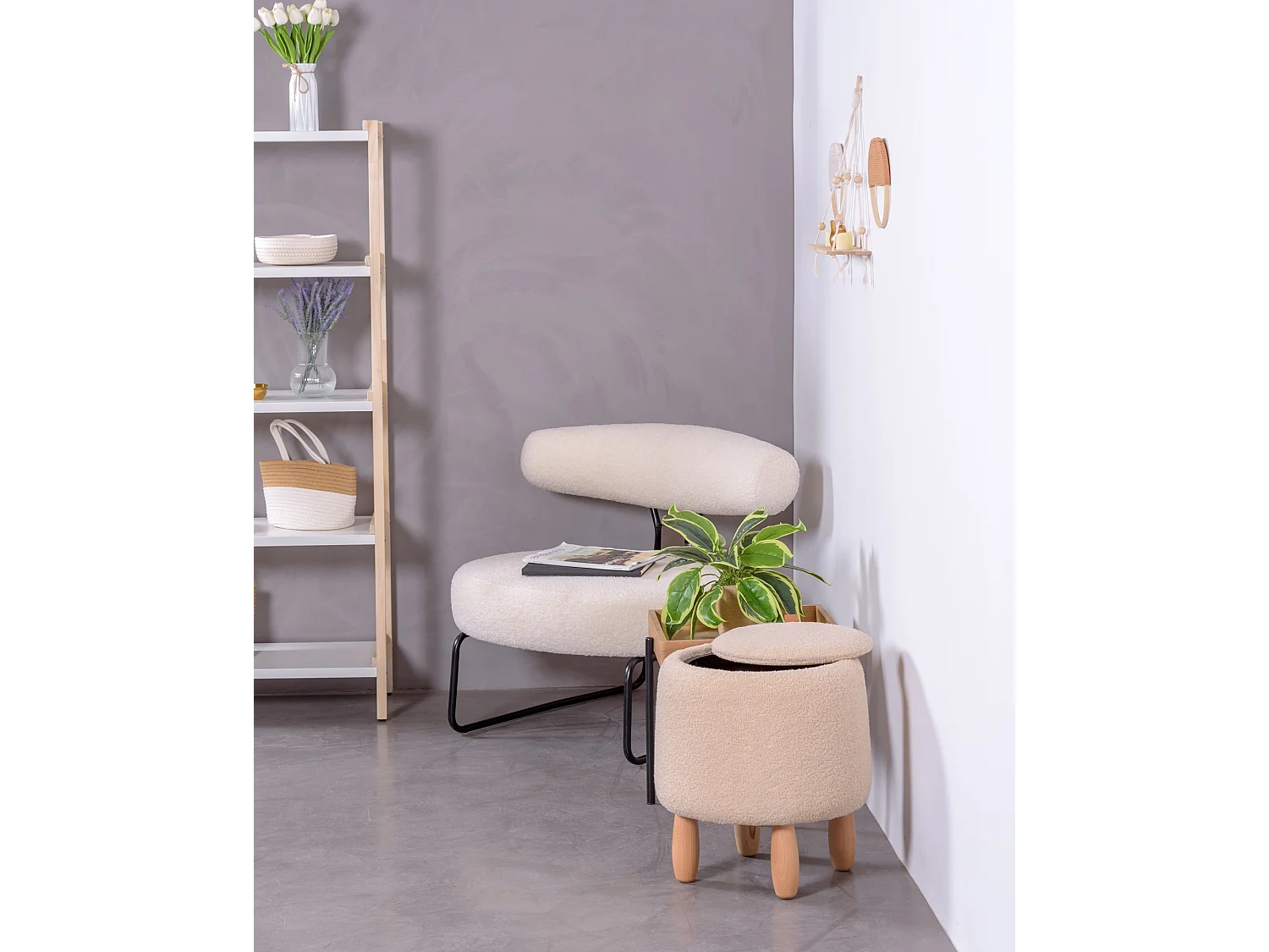 Sillón de diseño tapizado en bouclé y patas de acero - Oxford - Blanco