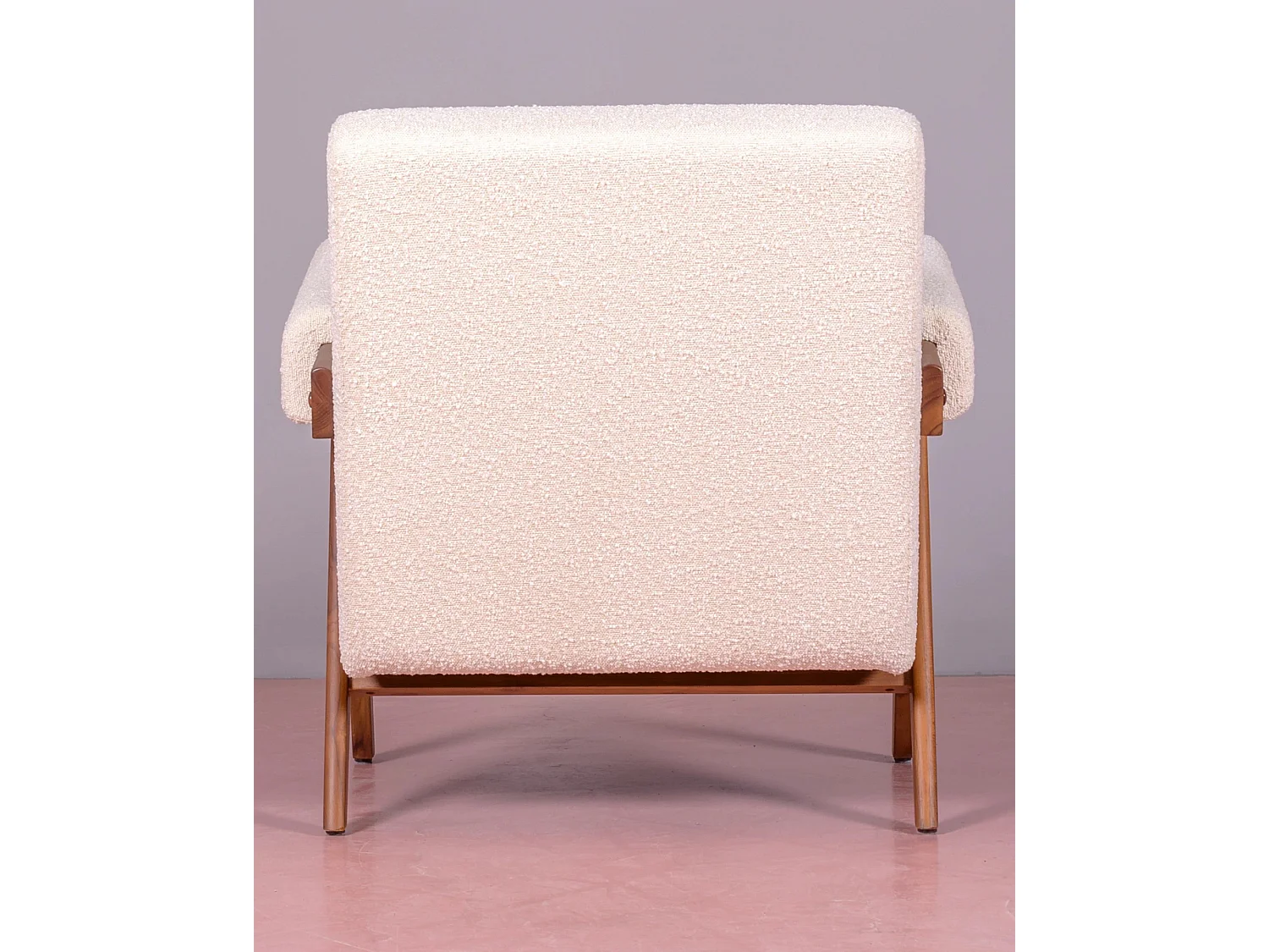 Rustieke fauteuil van massief teakhout en bekleed met bouclé - Compass - Wit