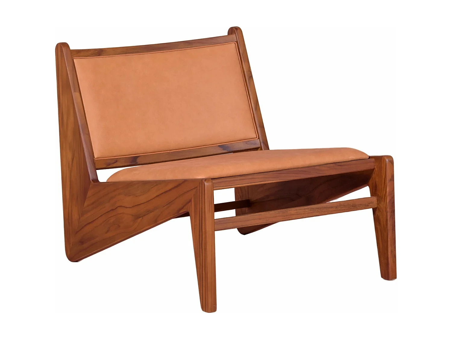 Fauteuil bas en bois de teck massif et recouvert de cuir italien - Compass - Cognac