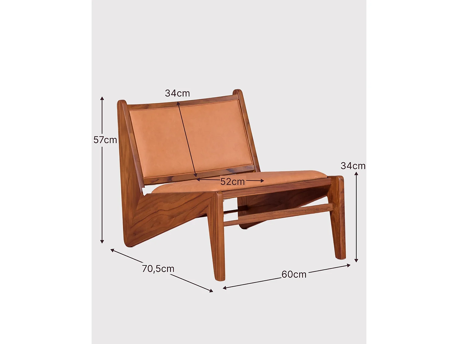 Fauteuil bas en bois de teck massif et recouvert de cuir italien - Compass - Cognac