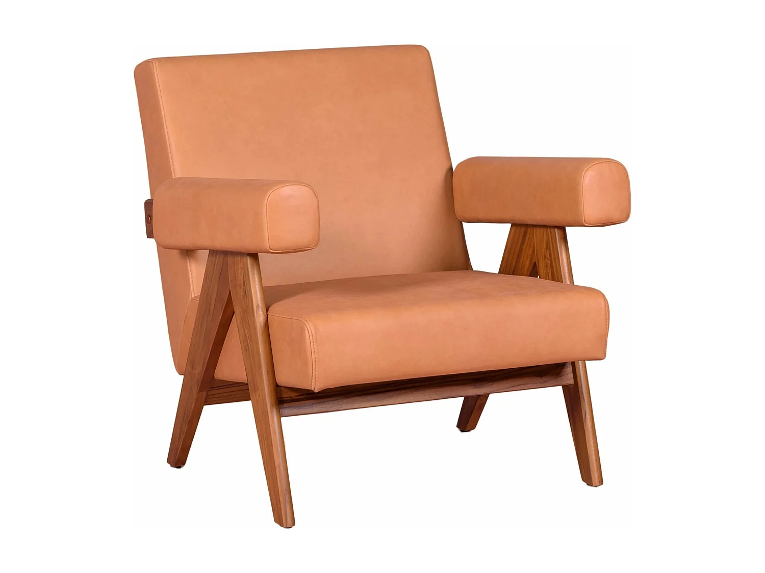 Fauteuil vintage en bois de teck et cuir italien - Compass S - Cognac