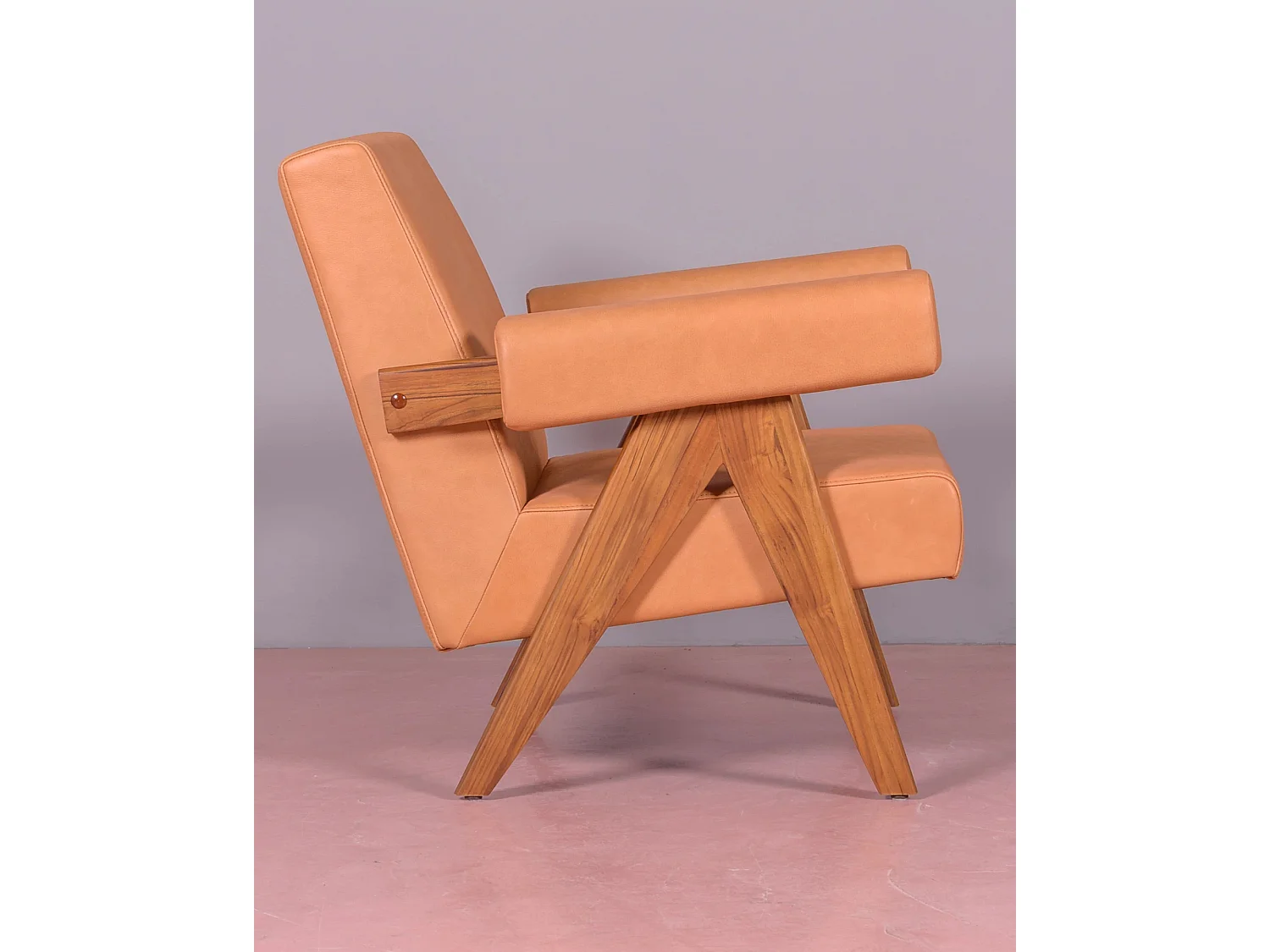 Fauteuil vintage en bois de teck et cuir italien - Compass S - Cognac