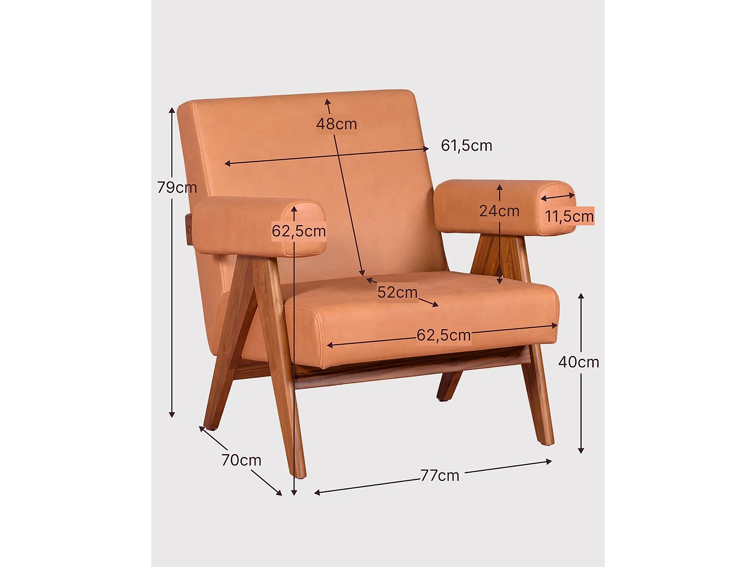 Fauteuil vintage en bois de teck et cuir italien - Compass S - Cognac