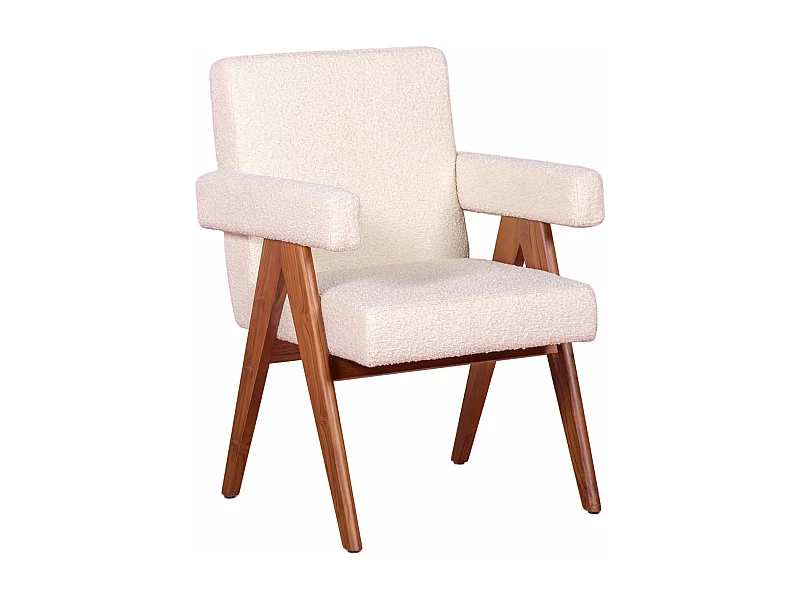 Rustikaler Sessel mit Armlehnen aus Teakholz und Bouclé-Stoff - Compass - Weiß