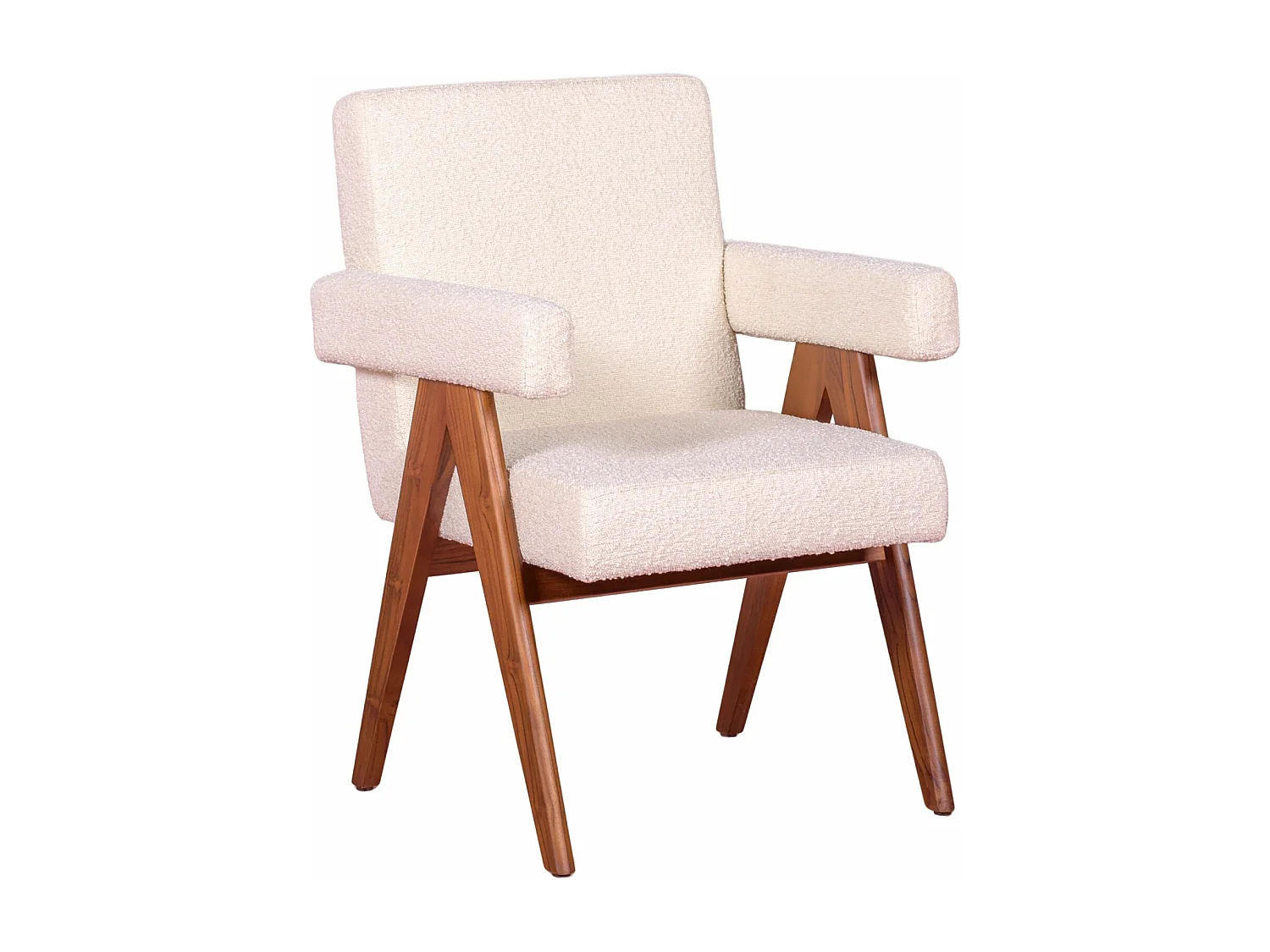 Rustikaler Sessel mit Armlehnen aus Teakholz und Bouclé-Stoff - Compass - Weiß