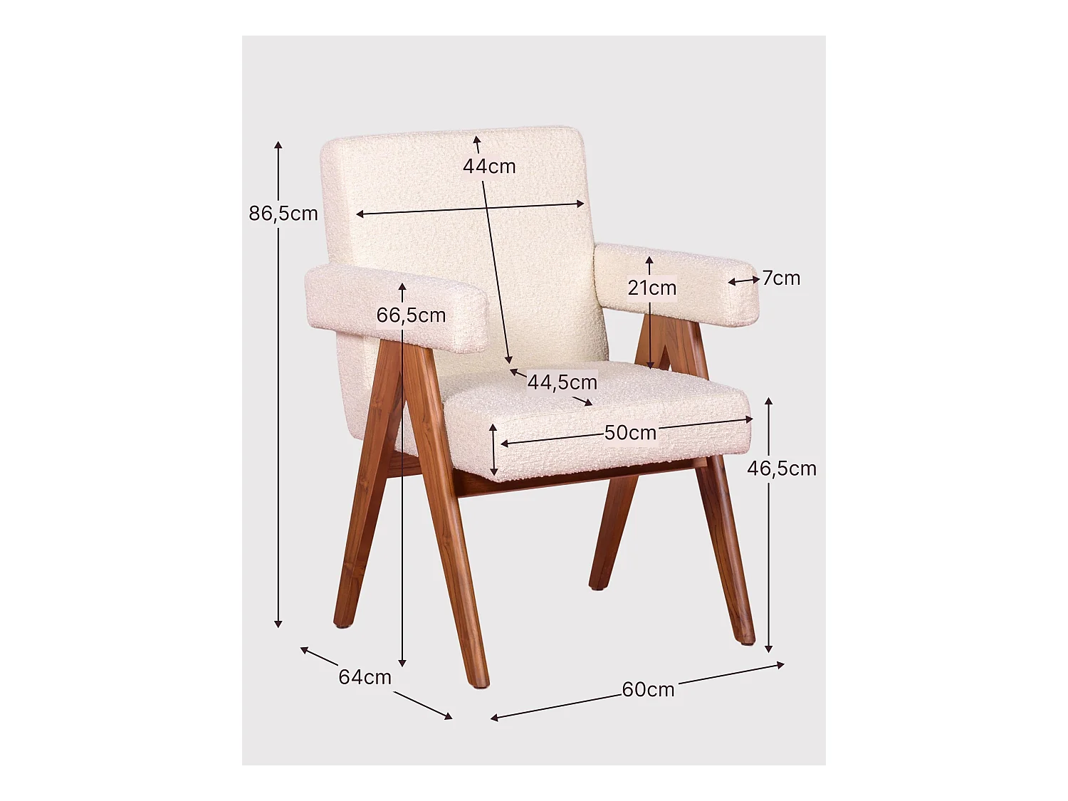 Rustikaler Sessel mit Armlehnen aus Teakholz und Bouclé-Stoff - Compass - Weiß
