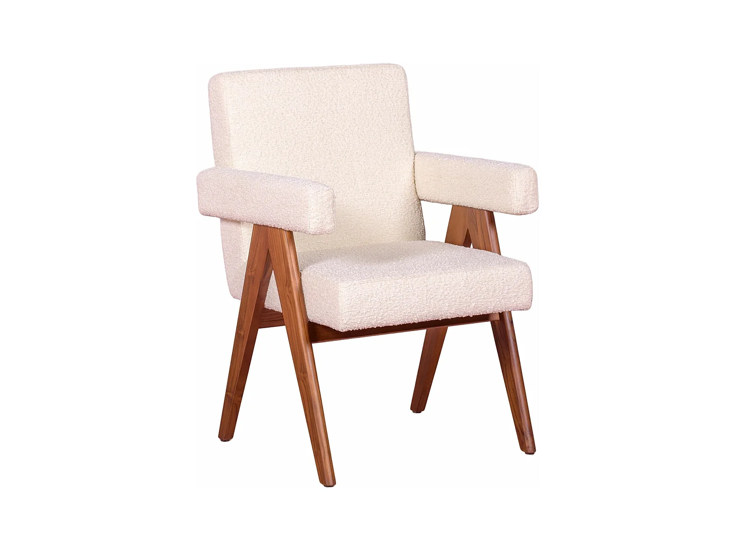 Rustieke fauteuil met armleuningen in teakhout en boucléstof - Compass - Wit