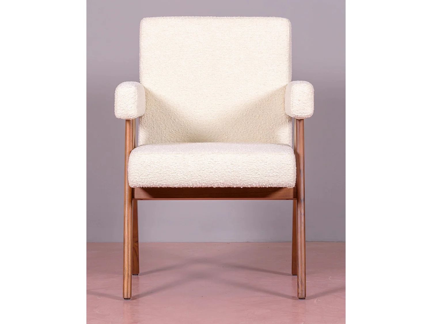 Rustieke fauteuil met armleuningen in teakhout en boucléstof - Compass - Wit