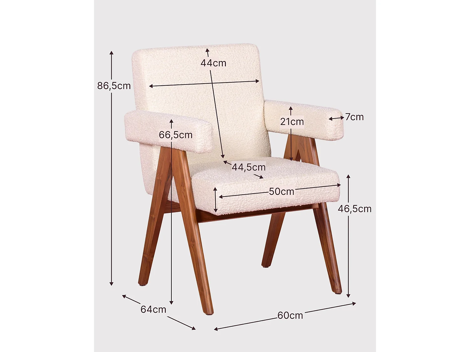 Rustieke fauteuil met armleuningen in teakhout en boucléstof - Compass - Wit