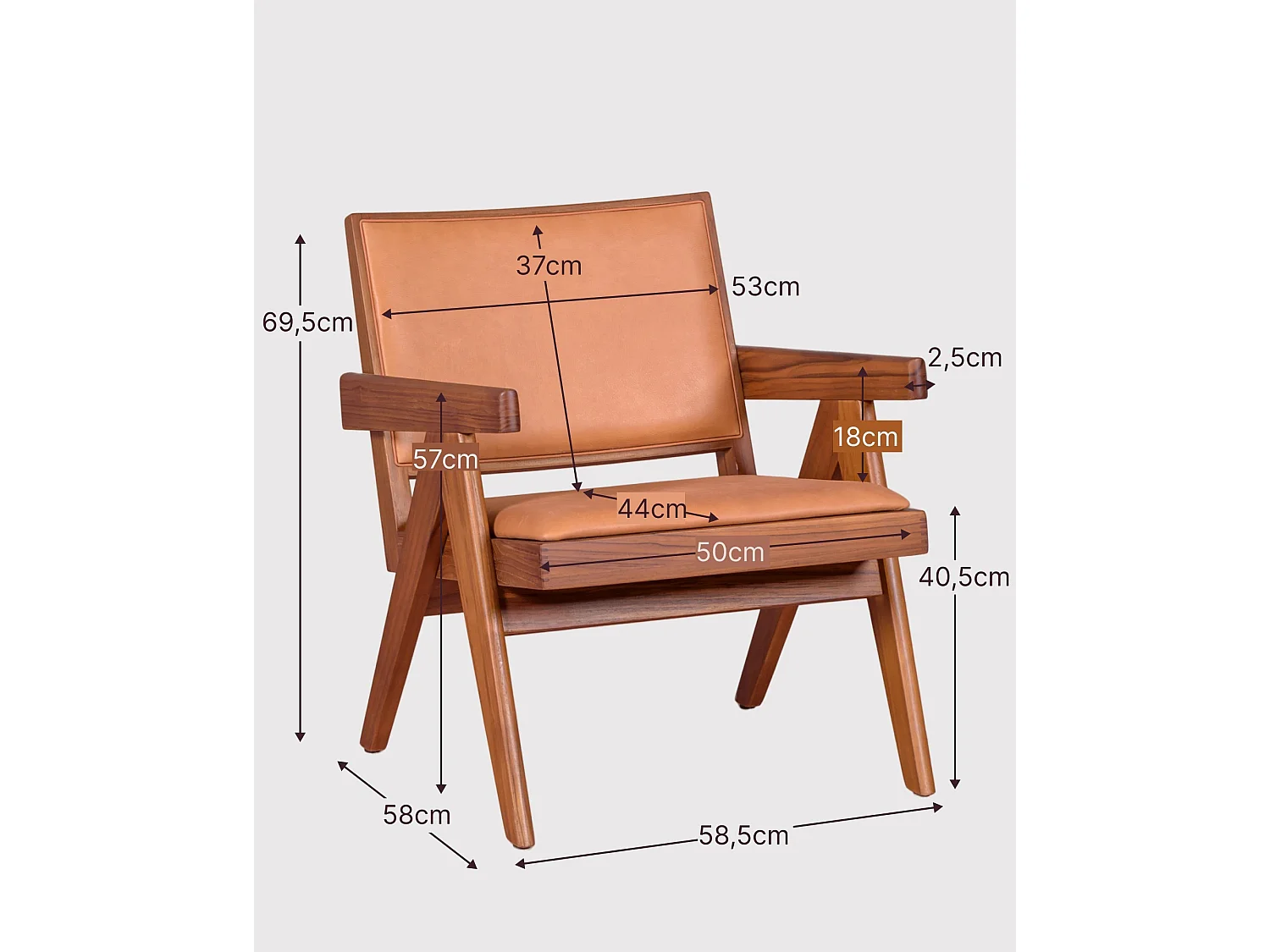 Vintage-Sessel mit Armlehnen aus Teakholz und italienischem Leder - Compass - Cognac