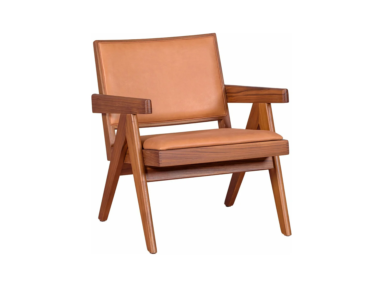 Vintage fauteuil met armleuningen in teakhout en Italiaans leer - Compass - Cognac