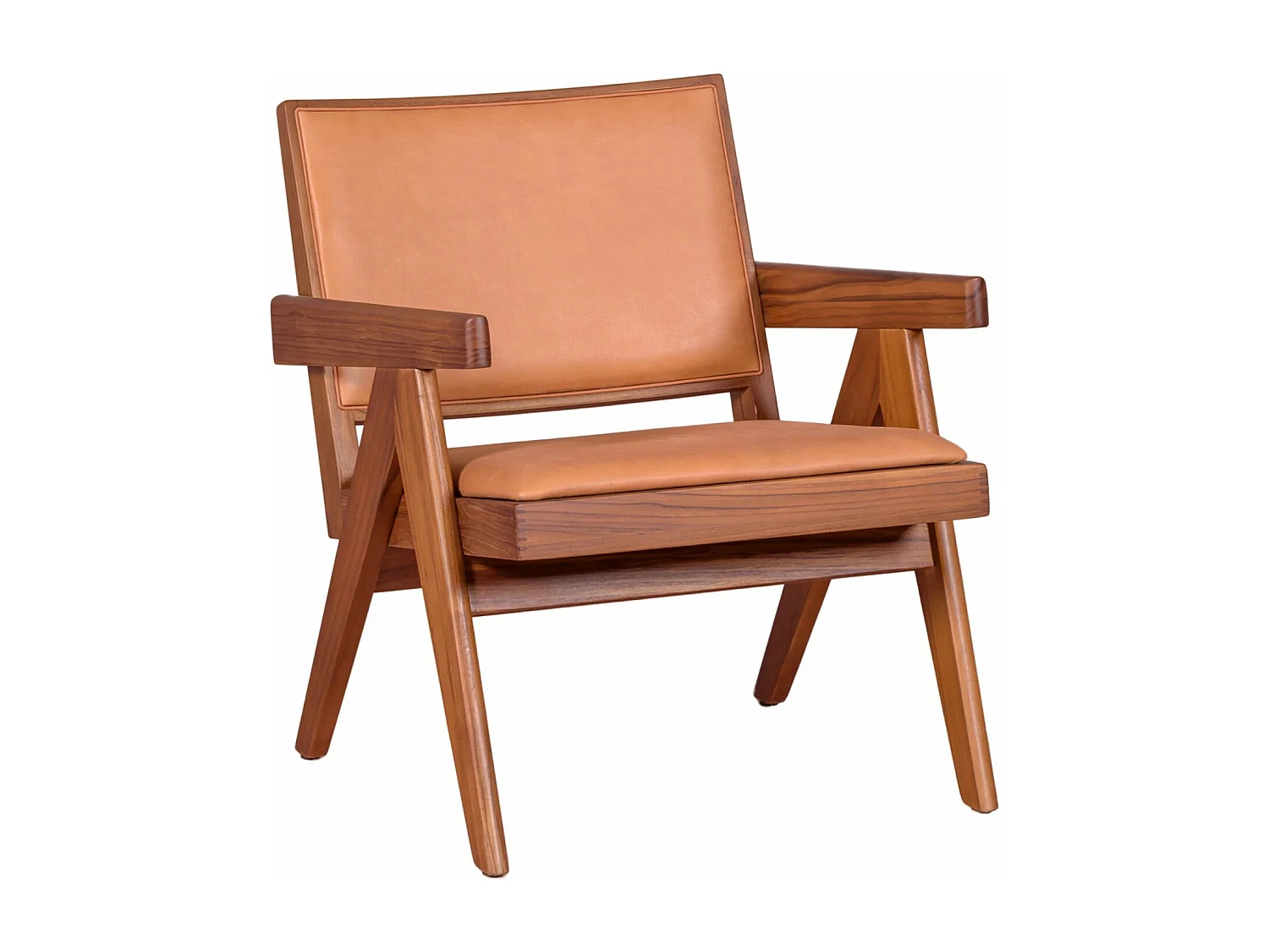 Fauteuil vintage avec accoudoirs en bois de teck et cuir italien - Compass - Cognac