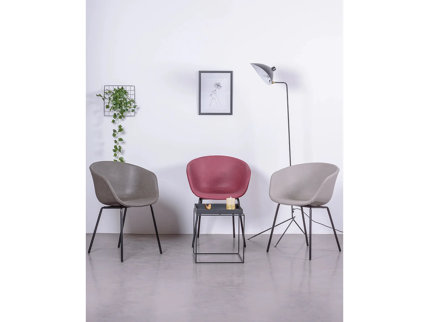 Sedia vintage con braccioli rivestita in similpelle cerata - Denver - Grigio chiaro