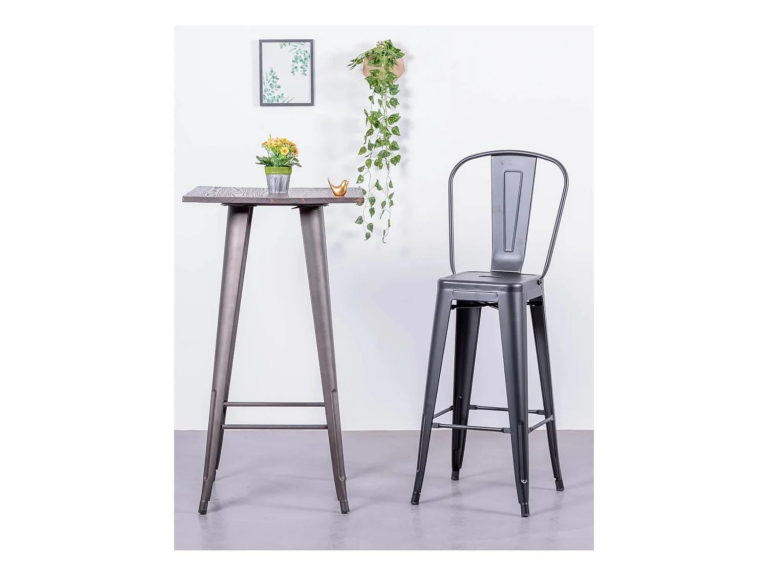 Set van 4 metalen krukken met hoge rugleuning - Bistro - Zwart
