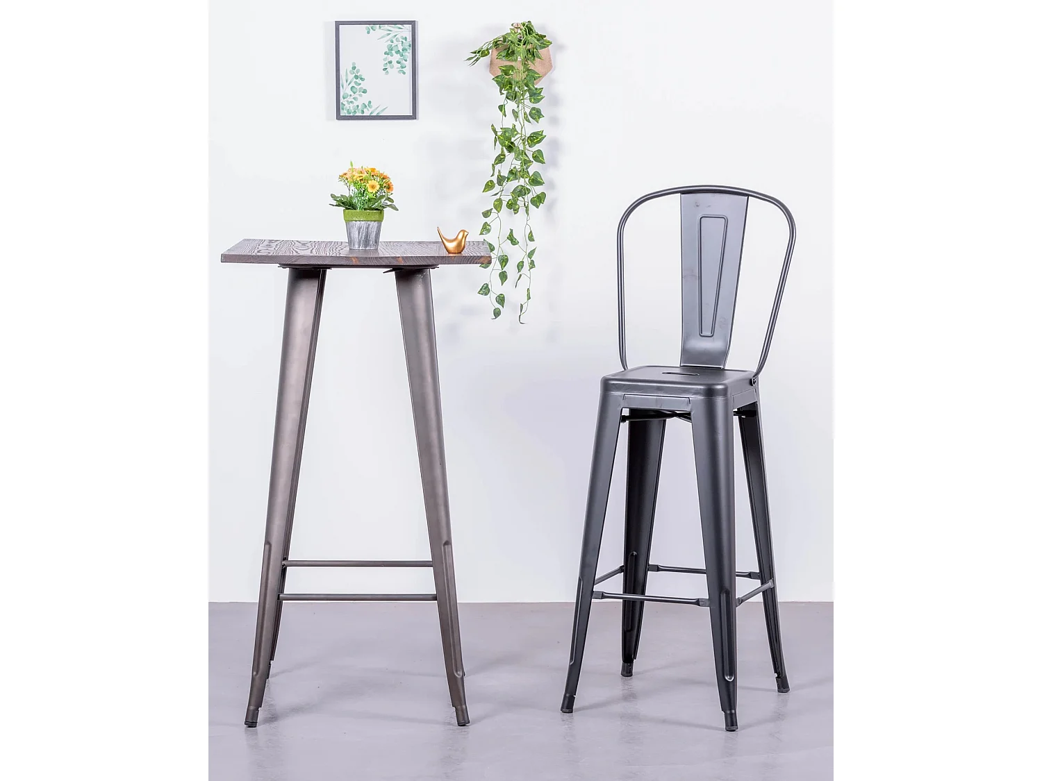 Set van 4 metalen krukken met hoge rugleuning - Bistro - Zwart