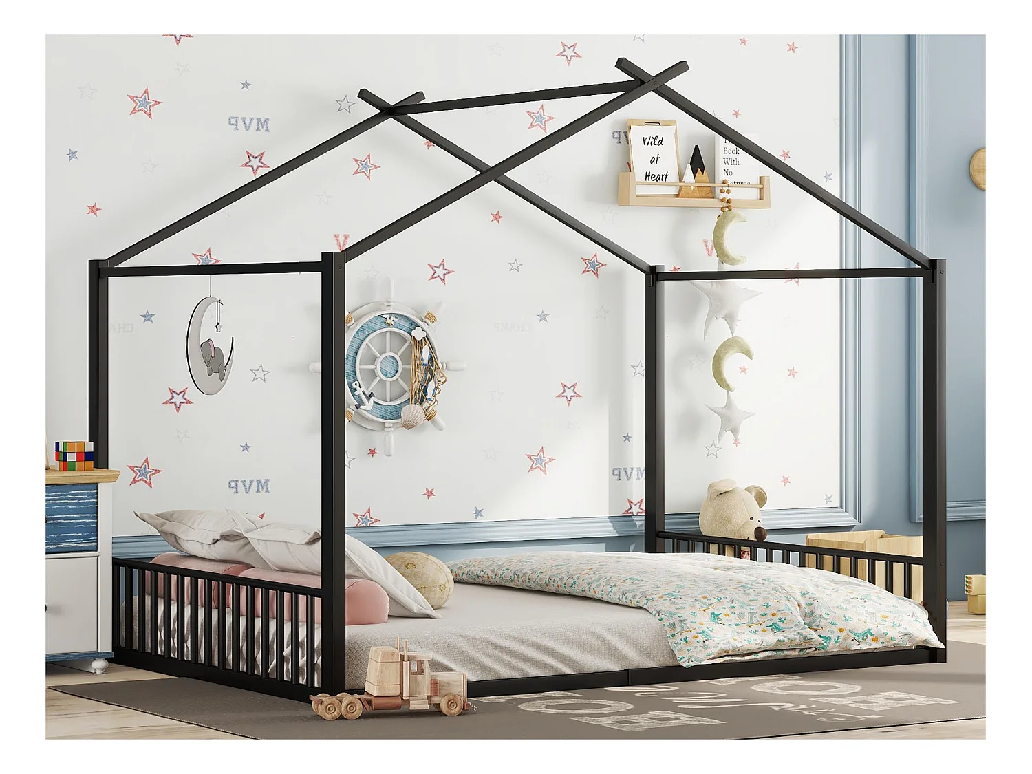 Lit cabane 140x200 cm - cadre en fer - Noir