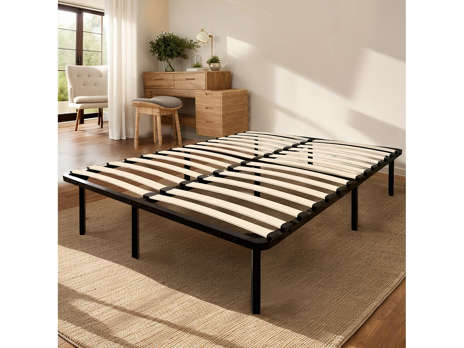 Sommier 160x200cm avec 9 Pieds - Sommiers à Lattes en Bois - 2x14 Lattes