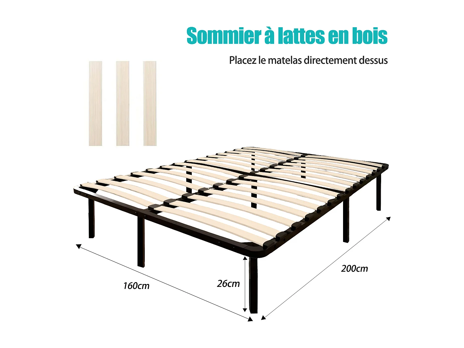 Sommier 160x200cm avec 9 Pieds - Sommiers à Lattes en Bois - 2x14 Lattes