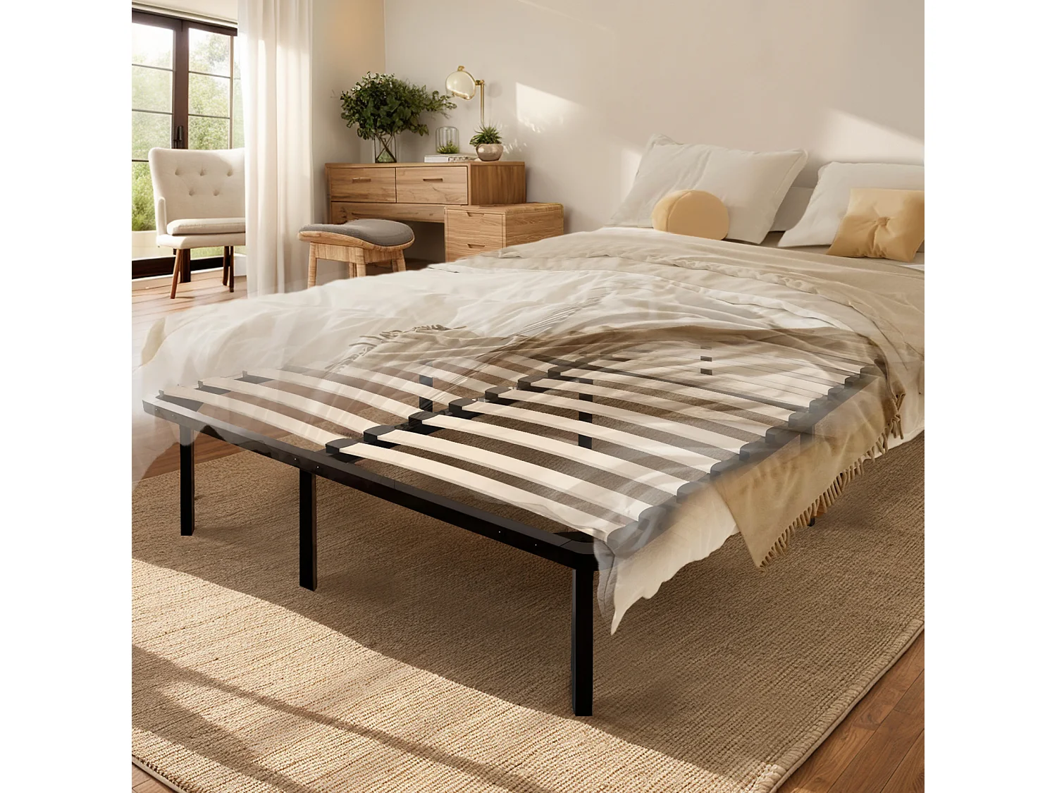 Sommier 160x200cm avec 9 Pieds - Sommiers à Lattes en Bois - 2x14 Lattes