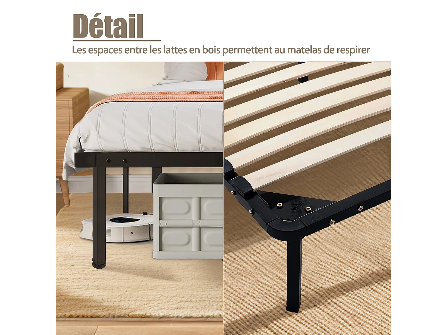 Sommier 160x200cm avec 9 Pieds - Sommiers à Lattes en Bois - 2x14 Lattes