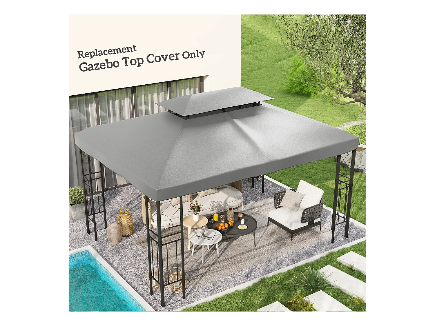 Toile de rechange pour pavillon tonnelle tente 3 x 4 m polyester haute densité 180 g/m² gris clair