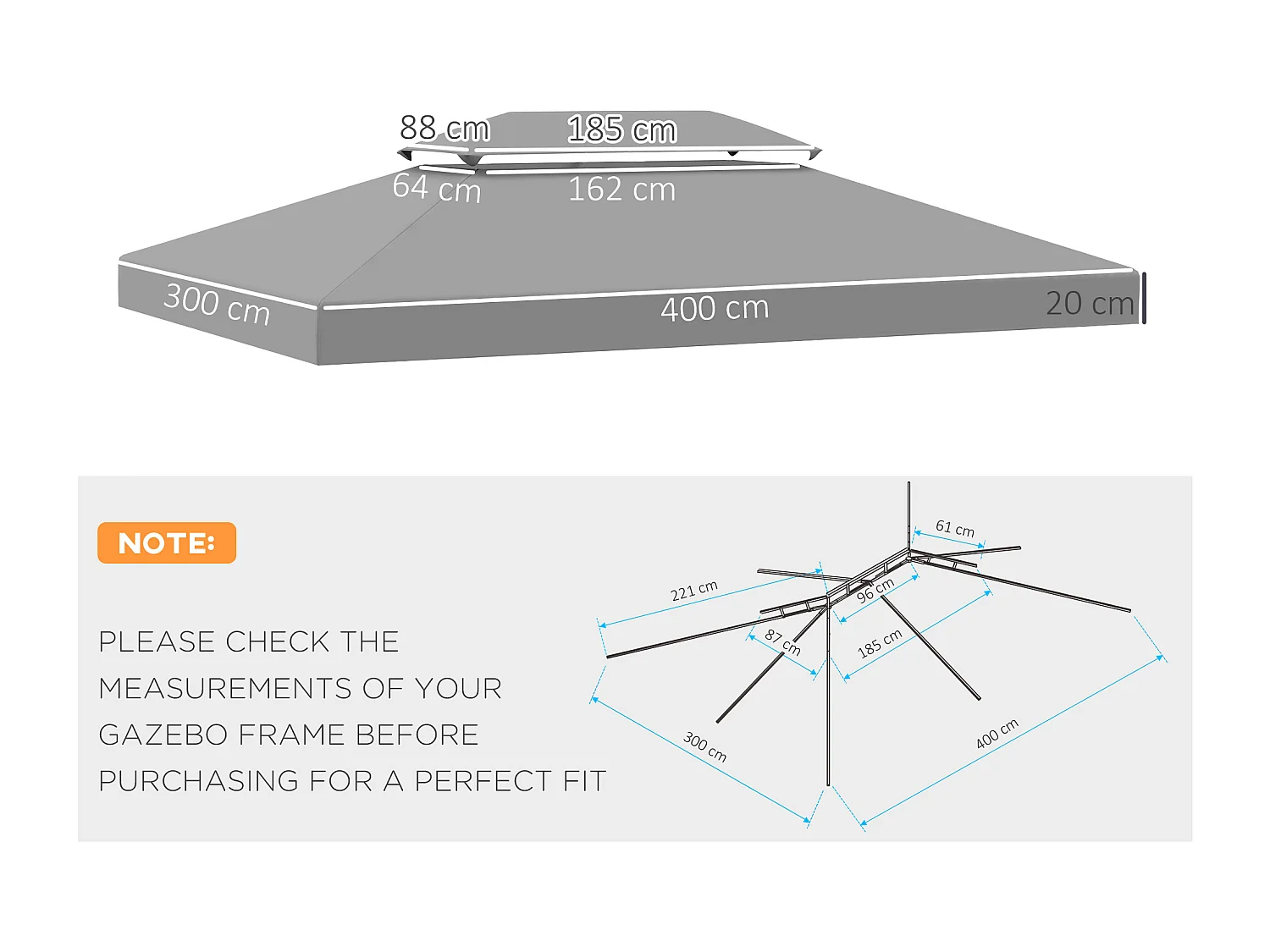 Toile de rechange pour pavillon tonnelle tente 3 x 4 m polyester haute densité 180 g/m² gris clair