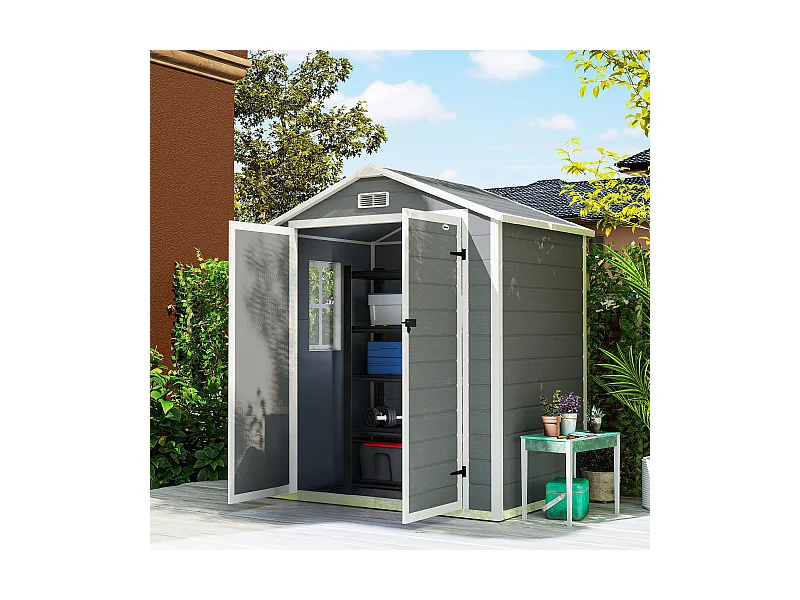 Abri de jardin cabanon 2,12 m² - 2 portes, fenêtre, aération, toit double pente - résine PP gris