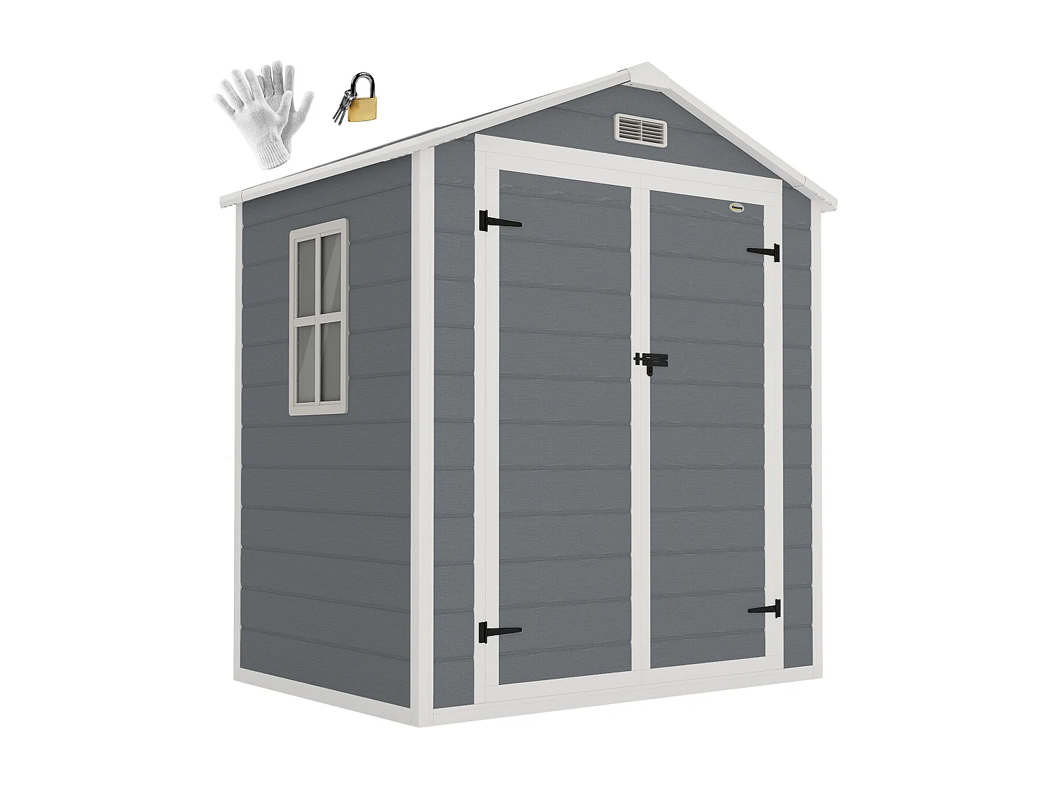 Abri de jardin cabanon 2,12 m² - 2 portes, fenêtre, aération, toit double pente - résine PP gris