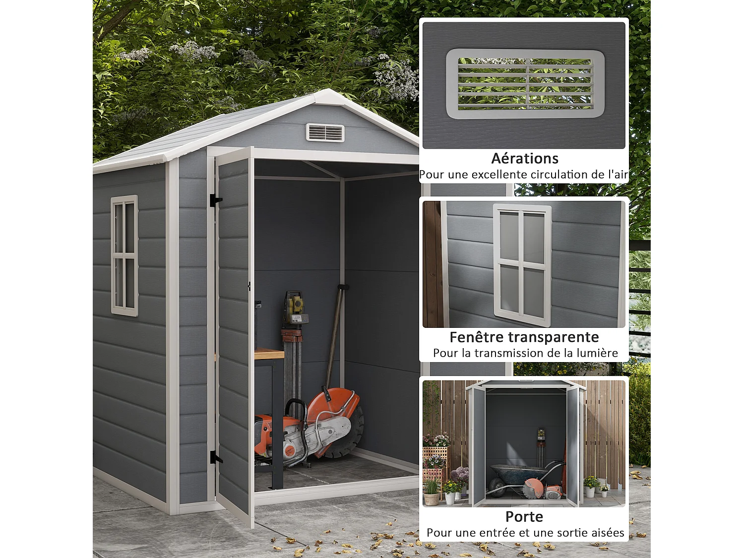 Abri de jardin cabanon 2,12 m² - 2 portes, fenêtre, aération, toit double pente - résine PP gris