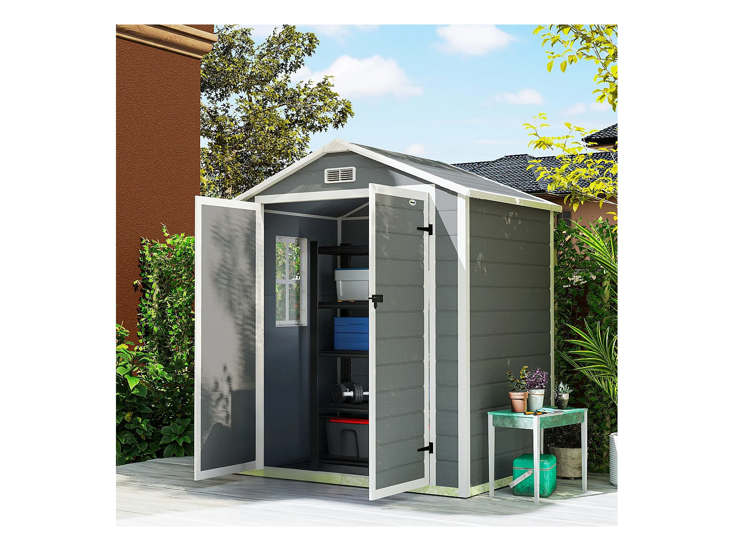Abri de jardin cabanon 2,12 m² - 2 portes, fenêtre, aération, toit double pente - résine PP gris