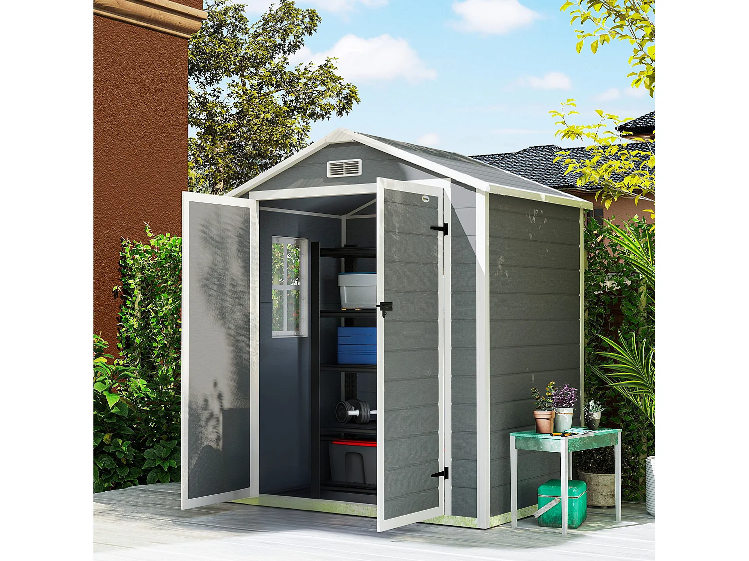 Abri de jardin cabanon 2,12 m² - 2 portes, fenêtre, aération, toit double pente - résine PP gris