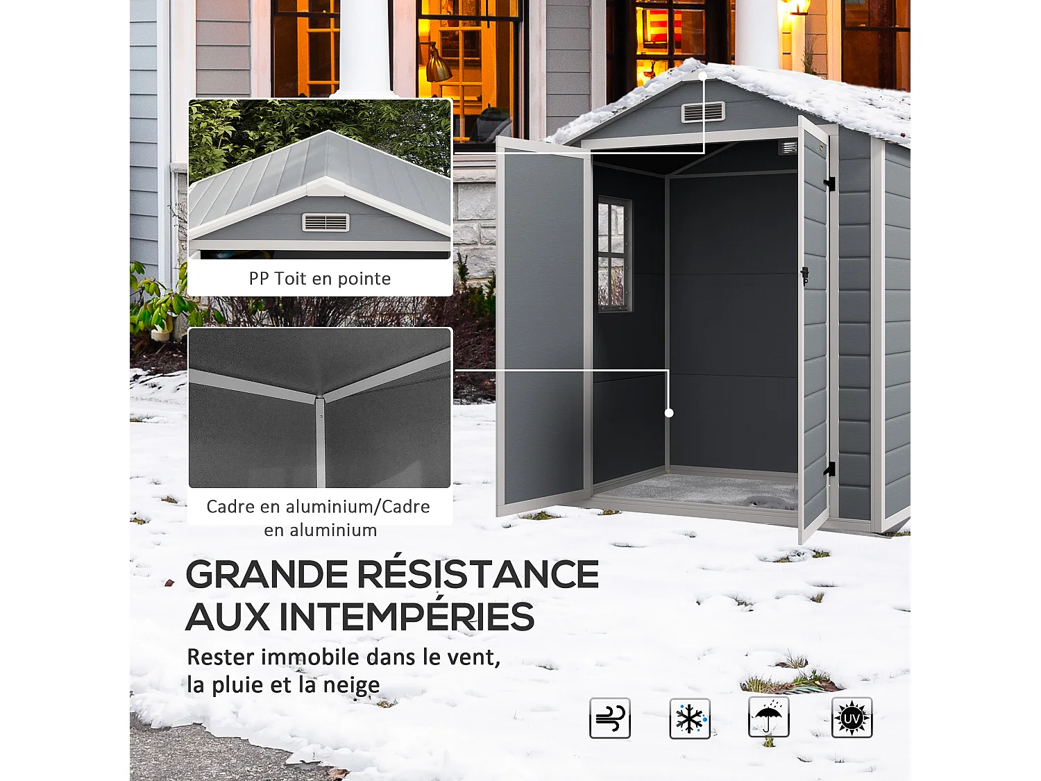 Abri de jardin cabanon 2,12 m² - 2 portes, fenêtre, aération, toit double pente - résine PP gris